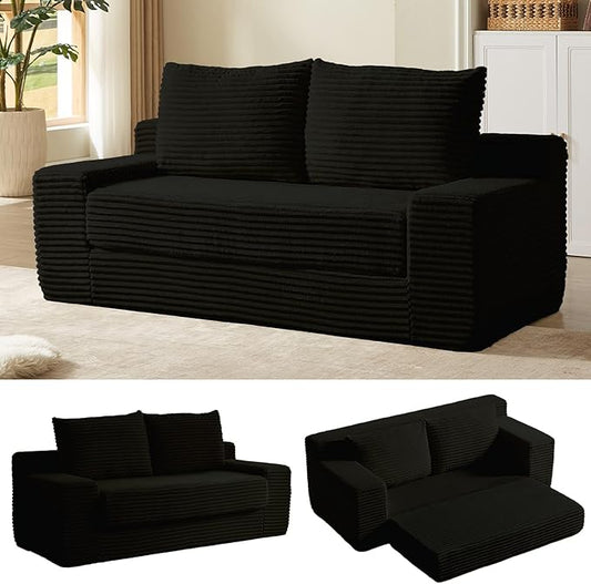 70.87" Loveseat Sofa Bed - Corduroy Upholstered, Comfy Deep Seat & Modern Design - Small Space Friendly, No Assembly Needed - Ideal for Living Room, Bedroom, Apartment, Home Office,Black