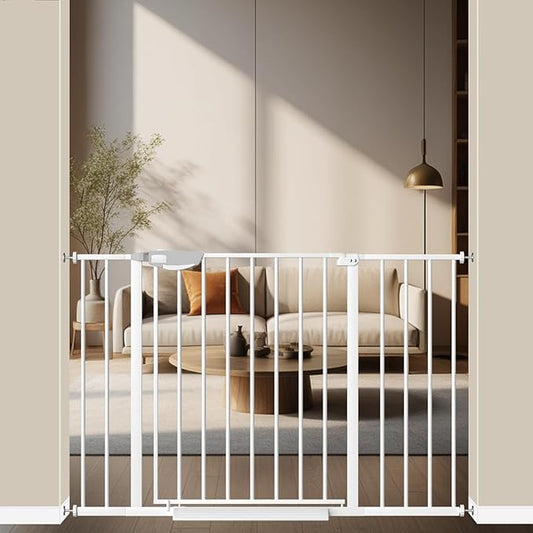 ALLAIBB Triple Lock Extra Wide Baby Gate Pressure Mounted Walk Through Safe Auto Close White Metal Dog Pet Puppy Cat for Stairs,Doorways,Kitchen 29.72-47.24"