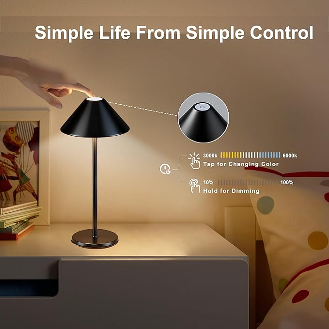 Black Cordless Lamp Set of 2, Rechargeable Battery Table Light Metal Lampshade with Flexible Height Pole, 3 Color Dimmable Bedside Touch Lamp, Portable Wireless Lamp for Reading/Home