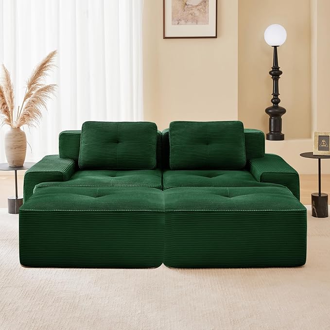 80" Modern Compressed Boneless Love Seat Couches with 2 Ottomans, 2 Seater Large Sectional Couches for Living Room, Green Corduroy Cloud Modular Sectional Sofa, Memory Foam, Deep Loveseat, No Assembly