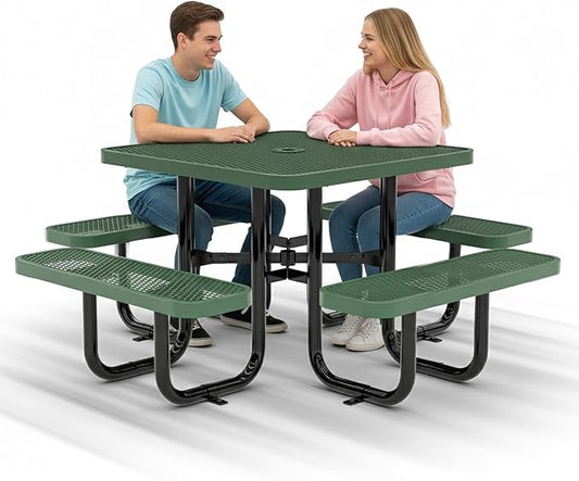 Metal Picnic Tables for Outdoors with Umbrella Hole - Coated Steel Heavy Duty Commercial Grade Furniture with Adjustable Seats (Green, 38 in, Square)