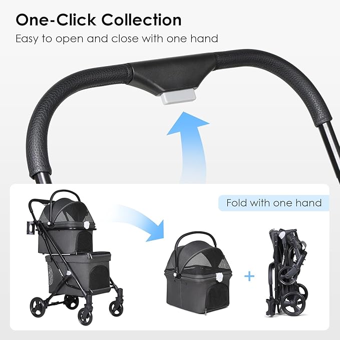 T1 Double Pet Stroller for 2 Small Dogs or Cats Lightweight Foldable Double Cat Stroller with Detachable Carrier (Black)