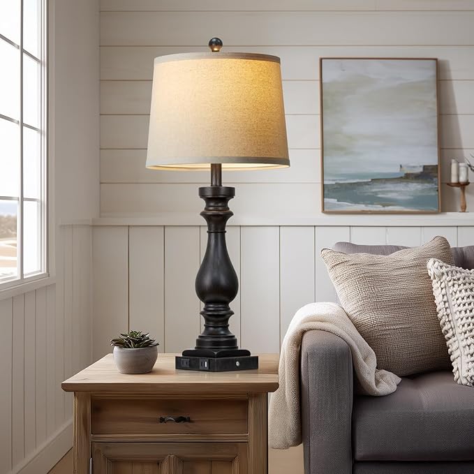 29" Tall Vintage Table Lamps Set of 2,Black Farmhouse Bedside Lamps with USB C+A Ports & AC Outlet,3-Way Dimmable Touch Lamp for Night Stands Living Room Bedroom,Black