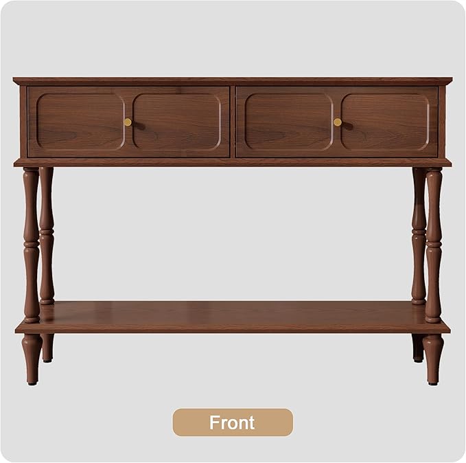 ARTPOWER Mid-Century Console Table for Entryway with 2 Drawers, Brown Retro Entryway Table with Storage Cabinets and Open Shelf, Narrow Long Couch Table Behind Sofa for Living Room, Foyer, Hallway