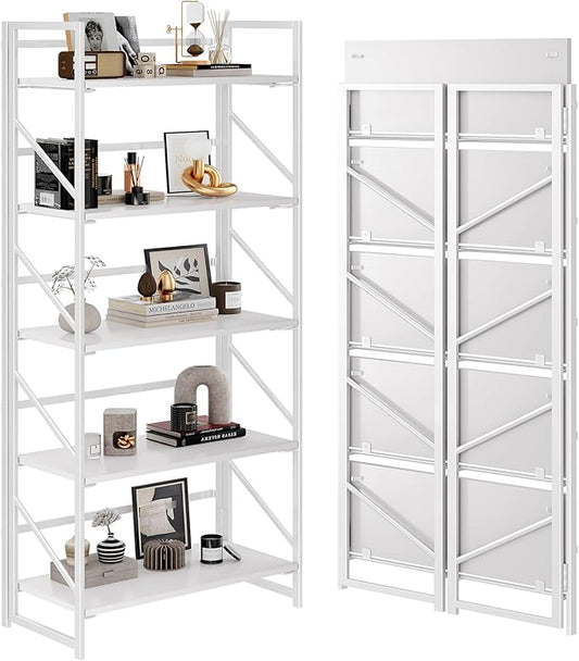 JSB No Assembly Folding Bookshelf, 5 Tier Industrial Metal Book Shelf for Storage, Vintage Wood Foldable Bookcase for Living Room, Bedroom, Office Organization Shelves