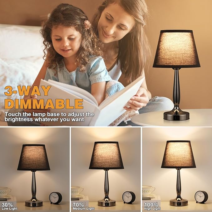 Kakanuo Touch Bedside Lamp for Bedroom with USB C Port, Small Touch Table Lamp with 2 USB Charging Ports, 3 Way Dimmable Nightstand Lamp for Living Room and Office - Black (LED Bulb Included)