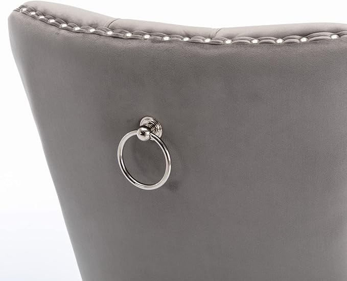 Goujxcy 5 Piece Glass Dining Table Set Modern Glass Dining Table Set for 4, 51" Rectangular Kitchen Table and 4 Velvet Upholstered Chairs for Kitchen Dining Room, Silver Table & Grey Chair