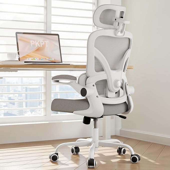 Ergonomic Office Chair with Adjustable Lumbar Support & Headrest, 330 LBS High Back Mesh Chair with Flip-up Armrests for Long Hours, Home Office Desk Chair, White and Gray