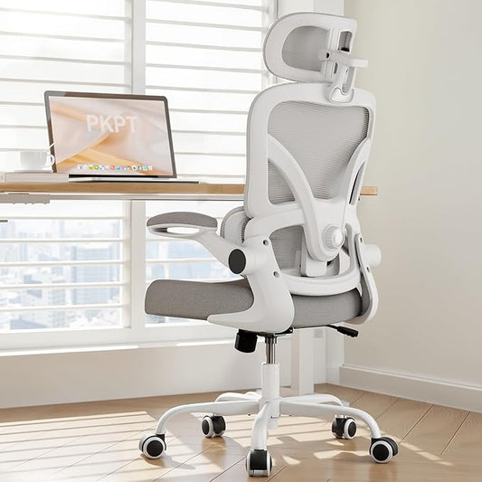 Ergonomic Office Chair with Adjustable Lumbar Support & Headrest, 330 LBS High Back Mesh Chair with Flip-up Armrests for Long Hours, Home Office Desk Chair, White and Gray