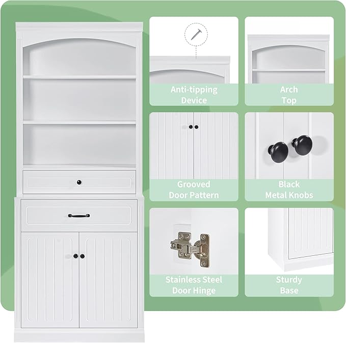 Tall Cabinet with 2 Drawers and Doors, Multi-Functional Storage Unit Set/Bookcase, Kitchen Cabinets, Pantry Cupboard for Living Room/Home Office/Bathroom, White