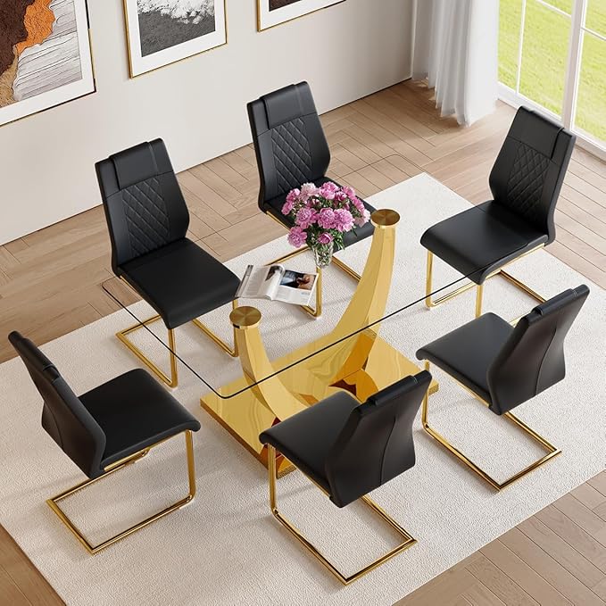 AZmac 63" Glass Dining Table Set for 6,Luxury Gold Dining Room Set with Stainless Steel Pedestal, Rectangular Tempered Glass Kitchen Table with PU Leather Chairs, for Kitchen Apartment