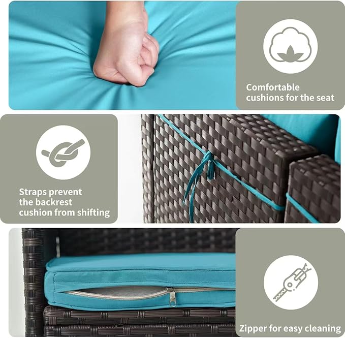 Gotland 7 Pieces Patio Furniture Set with 4’’ Thick Cushions, All-Weather PE Rattan Patio Set with 29.5'' High Backrest, Outdoor Furniture with Coffee Table for Porch Deck Garden Green Blue