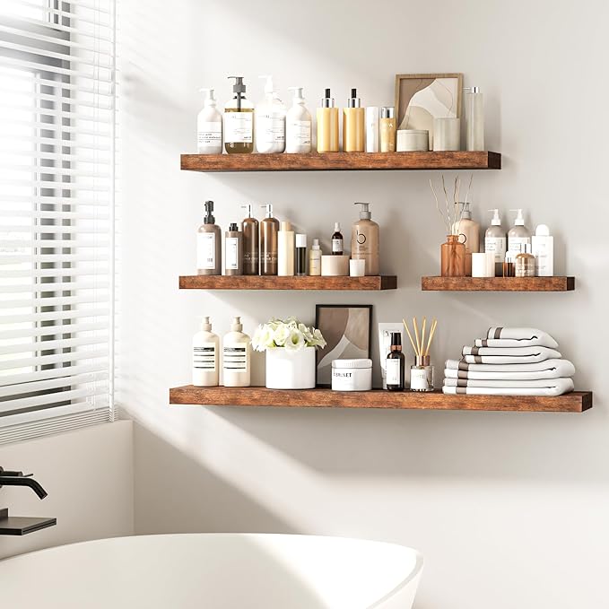 Fun Memories 48 Inch Floating Shelves - Fireplace Mantel Shelf - Deep Wall Mounted Wood Storage Shelf for Bedroom, Kitchen, Farmhouse - 1 Pack, Rustic Brown