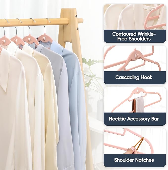 Velvet Hangers 50 Pack Pink, Non Slip Stackable Clothes Hangers with Cascading Hooks, Ultra Thin and Space Saving Felt Hangers with Tie Bar, 360° Swivel Hooks, Heavy Duty for Suit Coat Shirt Pant
