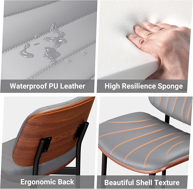 Dining Chairs Set of 8, Mid-Century Modern Upholstered PU Leather Chairs with Walnut Back and Metal Legs Adjustable Feet for Kitchen Dining Room, Dark Gray Shell Strips