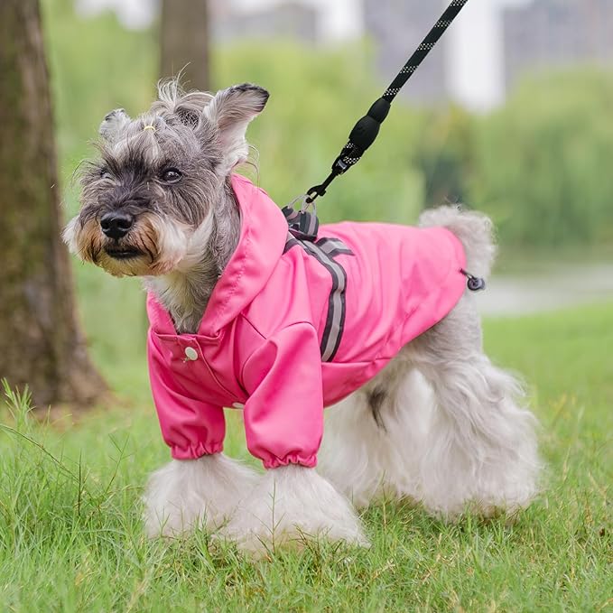 PUPTECK Dog Raincoat with Hood & Harness Built-in, Waterproof Dog Rain Jacket Slicker Poncho Reflective Vest Clothes for Rainy Snowy Winter Cold Days, Fuschia M