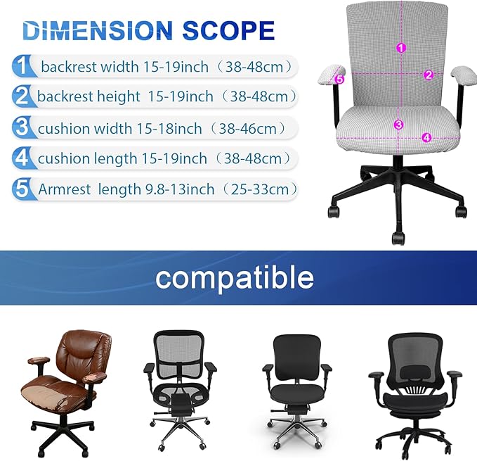 Tallew Office Chair Covers Set Computer Universal Protective Stretchable Chair Seat Covers Desk Armrest Slipcovers Pads Office Cushion Backrest for Rotating(XL,Silver Grey,8 Pcs)