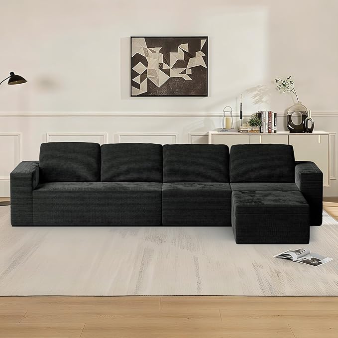 136" Cloud Sectional Couch, Left/Right Facing Convertible Sofa with Deep Seat, L-Shape Modular Upholstered Foam Couch for Living Room Bedroom, No Assembly Required (Corduroy Fabric, Black)