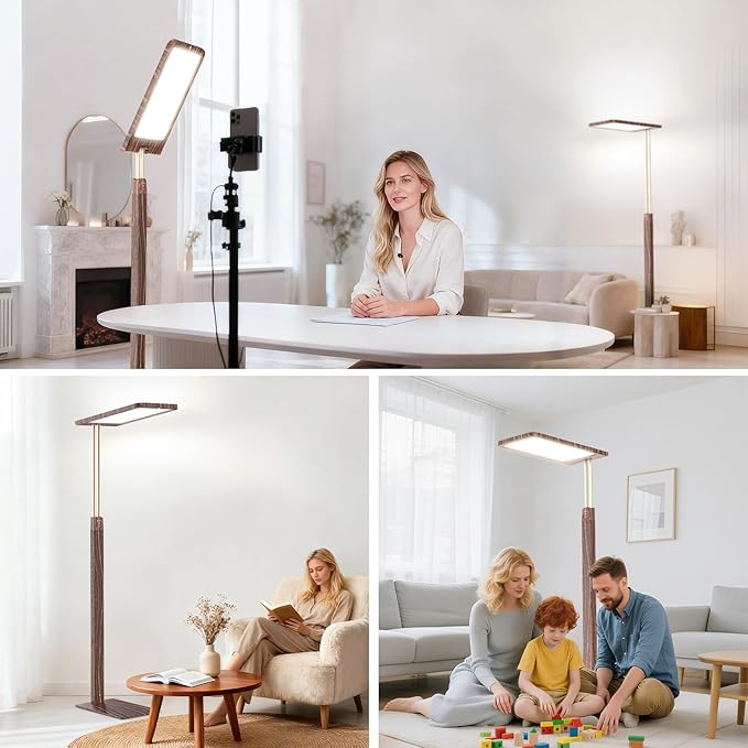 STERREN Modern Vintage Industrial LED Floor Lamp, Eye-Care Height Adjustable Free-Standing Lamps, Full Spectrum Light for Reading, Office, Meeting Room, 2700-5000K, Black Walnut Wood Finish