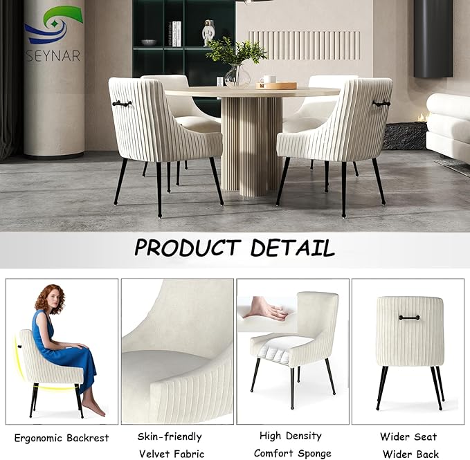 Velvet Dining Chairs Set of 6,Beige Upholstered Living Room Chairs with Black Metal Legs, Modern Tufted Accent Chairs for Living Room, Study Room, Kitchen