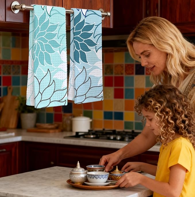 2-Pack Boho Floral Abstract Waffle Towels, Flower Hand Towel for Bathroom Decor, 16x24 Inch Neutral Azure & Blue Flower Dish Tea Towel Decor for Kitchen/Bath/SPA,Gift for Friends.