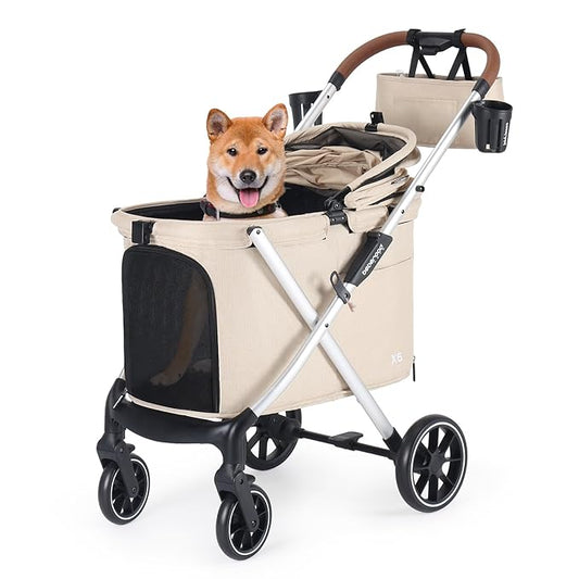 X6 Luxury Pet Stroller for Medium Dogs up to 66 lbs, One-Second Fold Design, 180° Canopy, 4-Wheel Shock Absorption (Beige)