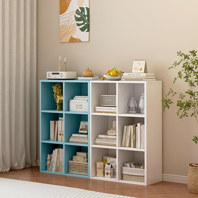 6-Cube Storage Shelf Bookcase - Wooden 3-Tier Floor Standing Open Bookshelf for Home and Office, Display Cabinet, Light Blue