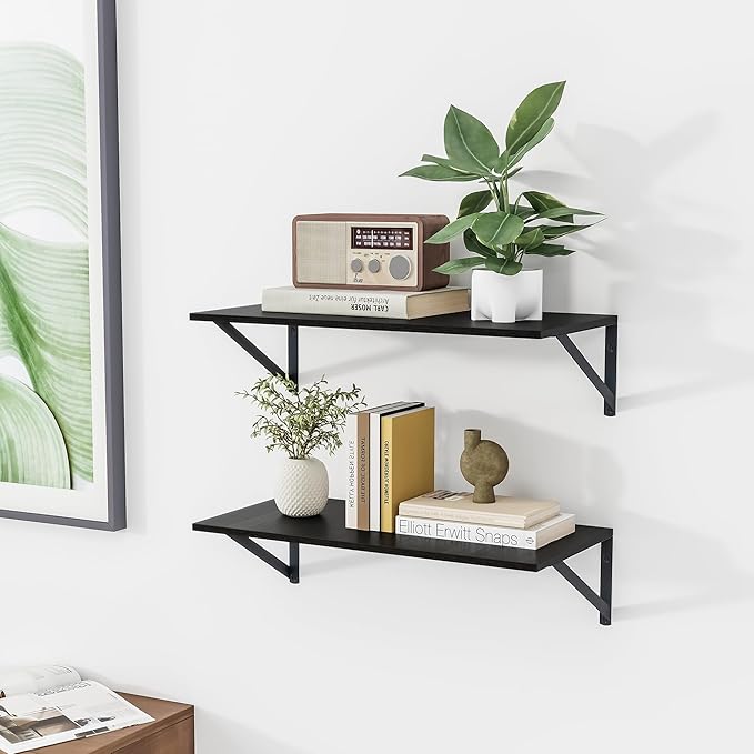Heimlove Black Deep Floating Shelves for Wall, 24W x 12D Wood Wall Shelves Set of 2, Wide Floating Bookshelf for Living Room, Kitchen, Office, Bedroom and Decor Storage, with Metal Bracket - Black
