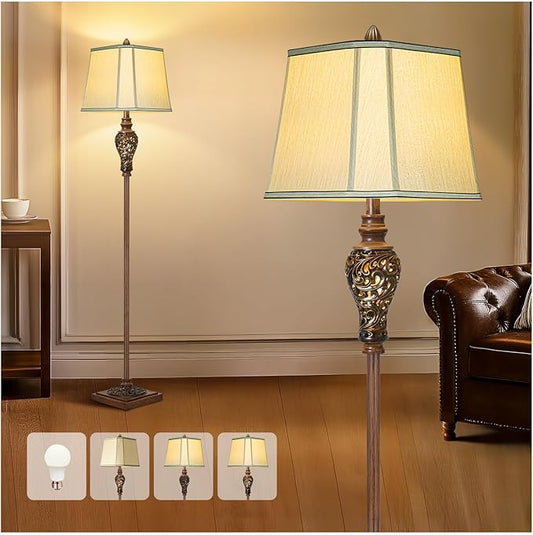 Vintage Floor Lamp with Nightlight, 65" Rustic Standing Lamp with Beige Faux Silk Shade, Farmhouse Style Design Tall Lamp Decor for Living Room Bedroom Study Home Office Corner- Bronze (Bulb Included)