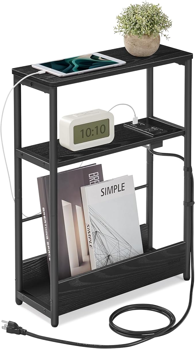 VASAGLE Side Table with Charging Station, Narrow End Table, 3-Tier Nightstand, Sofa Table for Small Spaces, Magazine Rack, for Living Room, Bedroom, Study, Ebony Black and Ink Black ULET335B01