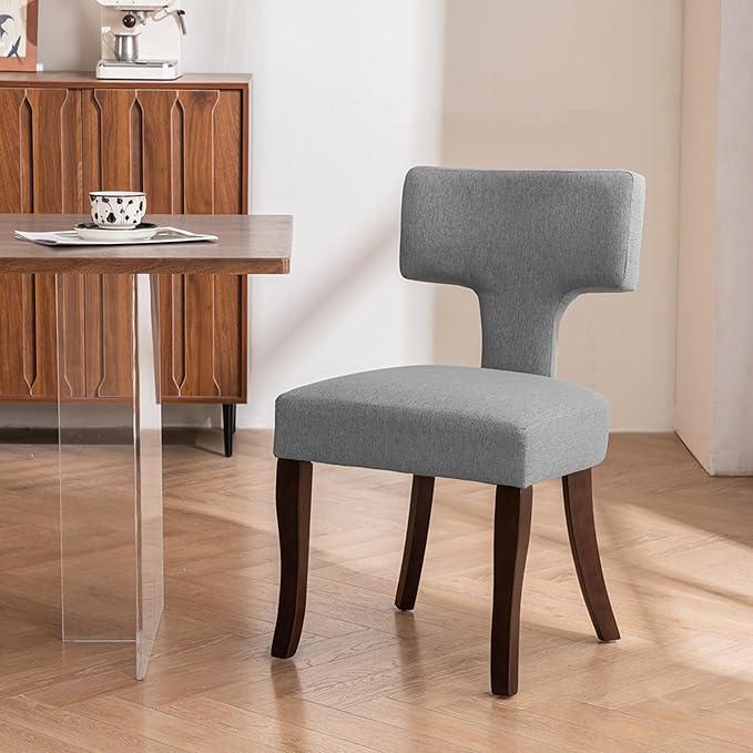 Mid Century Modern Dining Chairs Set of 4, Upholstered Side Dining Chairs with Curved Back Linen Fabric Armless Wood Chairs Kitchen & Dining Room Farmhouse Chairs (Gray)