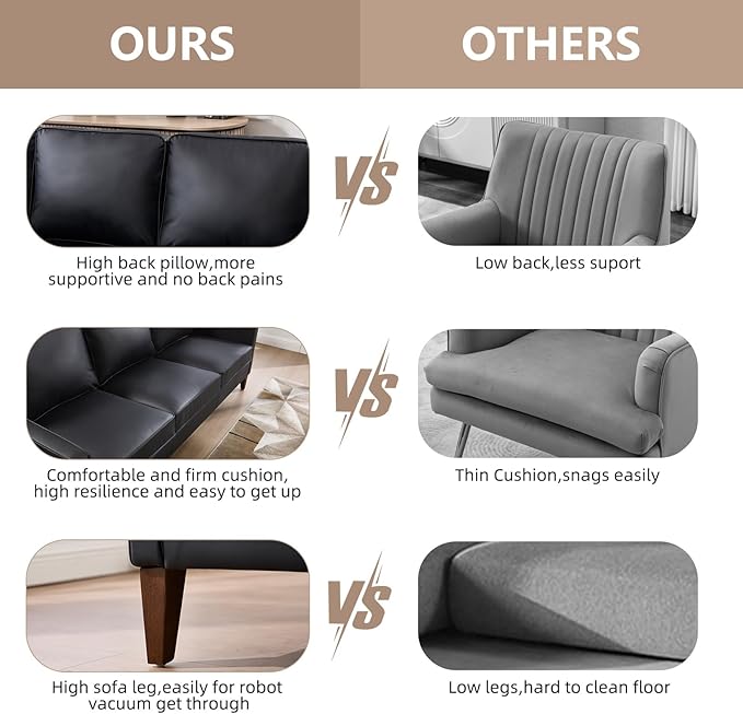 EBELLO 77” Mid Century Modern Sofa Couch, 3 Seater Faux Leather Couches for Living Room, Soft Padded Comfy Cushion, Small Sofa for Small Spaces, Apartment, Bedroom, Black