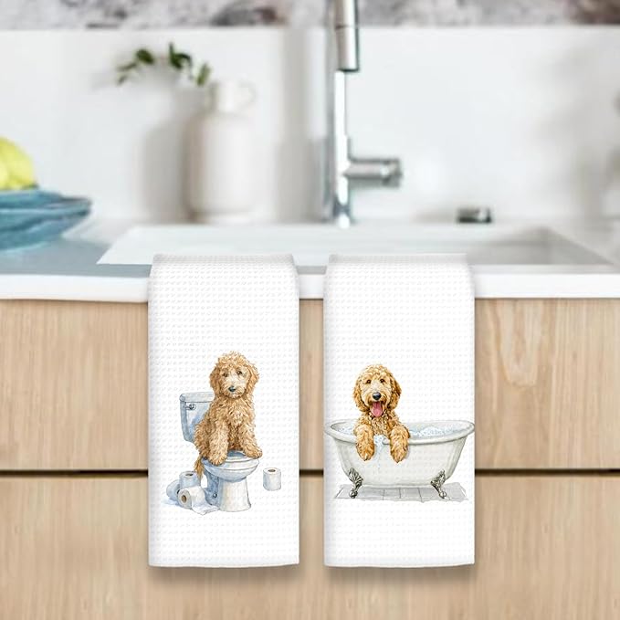 Funny Goldendoodle Dog Hand Towels Set of 2, Gifts for Golden Doodle Dog Owners Lovers, Goldendoodle Decor for Bathroom, Pet Lovers Gifts Toilet Hand Towels for Bathroom Washroom, 16x24In