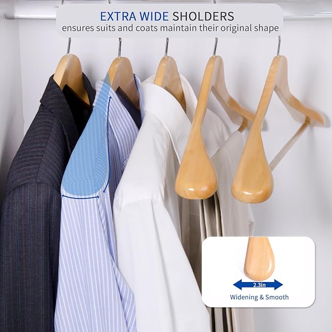 Nature Smile Luxury Natural Wooden Suit Hangers - 12 Pack - Wood Coat Hangers,Jacket Outerwear Shirt Hangers,Glossy Finish with Extra-Wide Shoulder, 360 Degree Swivel Hooks & Anti-Slip Bar with Screw