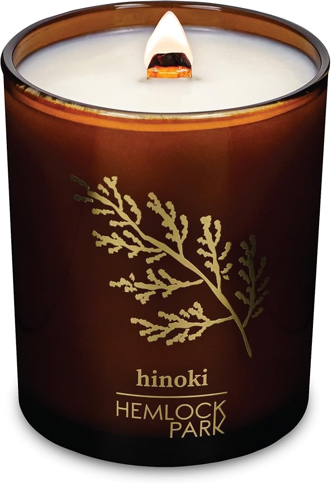 Hemlock Park Amber & Gold Wood Wick Candle Handcrafted with Natural Coconut Wax (Standard 7.2 oz, Hinoki)