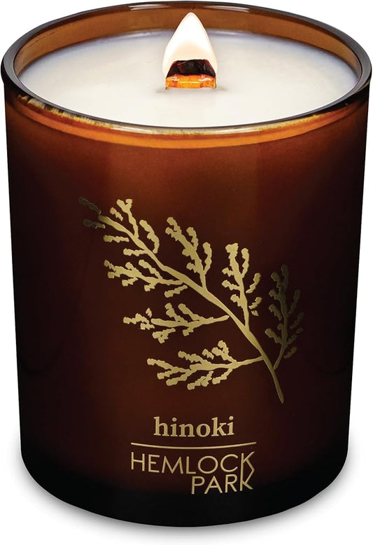 Hemlock Park Amber & Gold Wood Wick Candle Handcrafted with Natural Coconut Wax (Standard 7.2 oz, Hinoki)