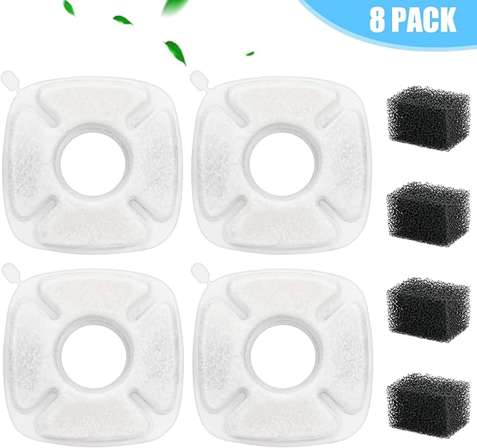 8 Pack Cat Water Fountain Replacement Filter, 4 Pcs Cat Fountain Filters & 4 Pcs Pre-Filter Sponges for 95oz/2.8L 135oz/4L 67oz/2L Automatic Pet Cats Dog Water Fountain Dispenser Filters