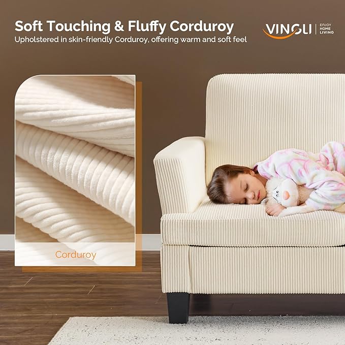 VINGLI Beige 83" Sofa Couches for Living Room, Corduroy Modern Comfy 3 Seater Couch 25.6" Deep Seat Upholstery Cozy Sofas for Small Space, Bedroom, Apartment, Home Office