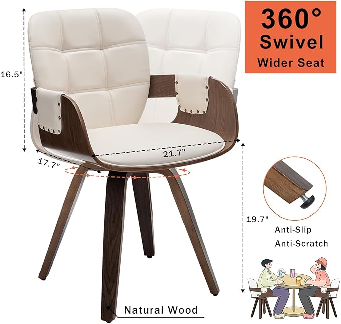 Set of 4 Swivel Dining Chairs - Mid Century Modern Dining Chairs with Arms and Curved Back, Faux Leather Bentwood, Versatile for Living Room/Reception/Conference Room/Kitchen/Desk (Walnut Beige)