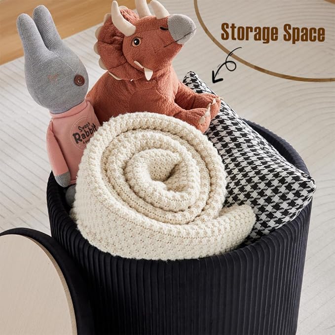 Round Ottoman with Storage Set of 2-Upholstered Sherpa Vanity Stool for Makeup Multifunctional Ottomans Coffee Table Padded Seat Foot Rest (Engineered Wood, Large Black)