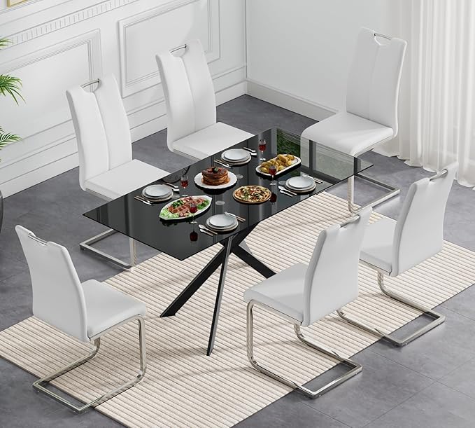 Goujxcy Modern Glass Dining Table Set for 6, Black Glass Kitchen Table and Chairs Set, 7 Piece Dining Room Table Set with 51" Rectangle Dinner Table and 6 White Leather Dining Chairs