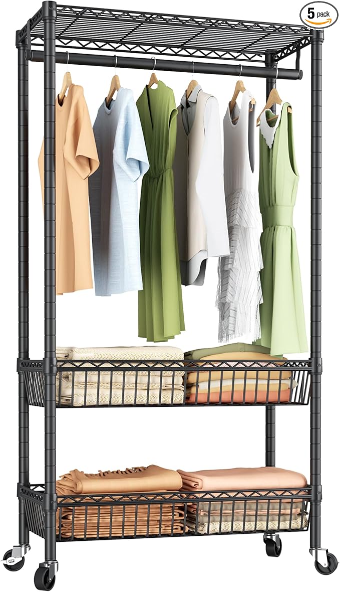 Heavy Duty Clothes Rack Rolling Garment Rack,Adjustable Wire Shelving Clothing Racks for Hanging Clothes with Hanger&Double Basket,Freestanding Metal Wardrobe Storage Portable Closet