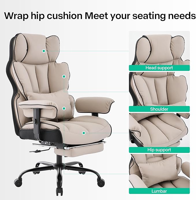 Big and Tall Office Chair 400lbs Wide Seat,High Back Gaming Chair with Foot Rest, Ergonomic Reclining Executive Office Chair Lumbar Support,Leather Computer Chair Adjustable Arm(Black Beige)