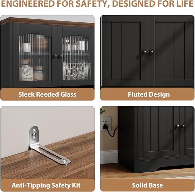 Garvee 71" Pantry Cabinet with Charging Station, Tall Kitchen Pantry Storage Cabinet with Microwave Stand, Farmhouse Kitchen Hutch with Storage Drawers for Living Room, Dining Room, Black