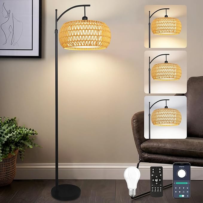 Arc Floor Lamps for Living Room Rattan Boho Floor Lamp with Remote Control,Dimmable LED Floor Lamps Black Standing Lamp with 3 Color Temperature Tall Floor Lamp for Bedroom Corner