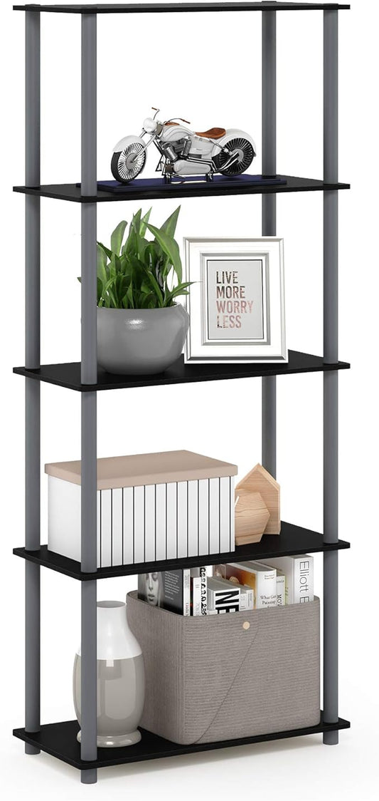 Furinno TURN-N-TUBE Storage Shelves, 5-Tier Book Shelf, Corner Shelf, Toolless Open Shelves, for Organization and Storage, Living Room, Garage, Home Office, Black