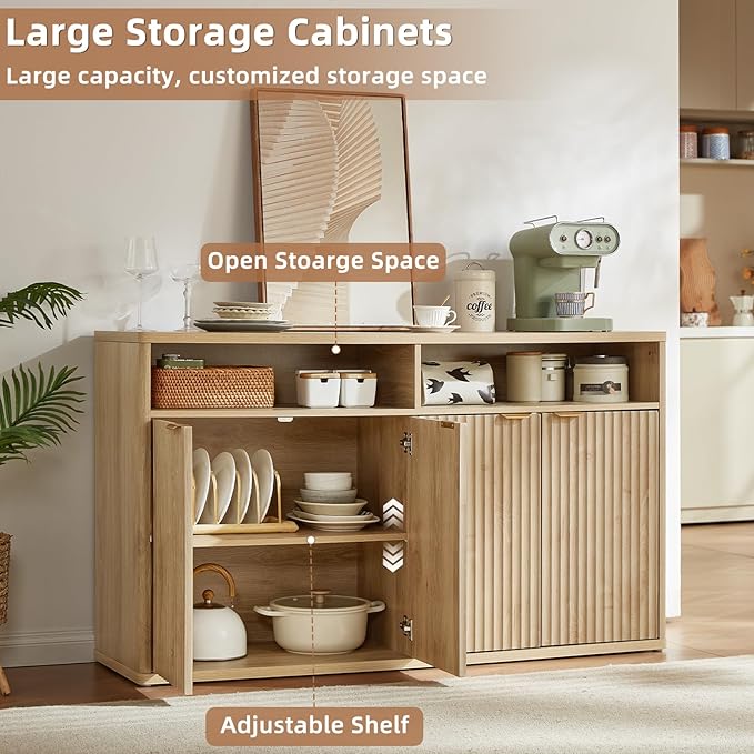 LEYAOYAO Fluted Buffet Cabinet with Storage, 55" Wide Wood Sideboard Credenza with 4 Doors & Open Storage Shelf, Kitchen Entryway Accent Table, Modern Console Cabinets for Dining Room, Natural Oak