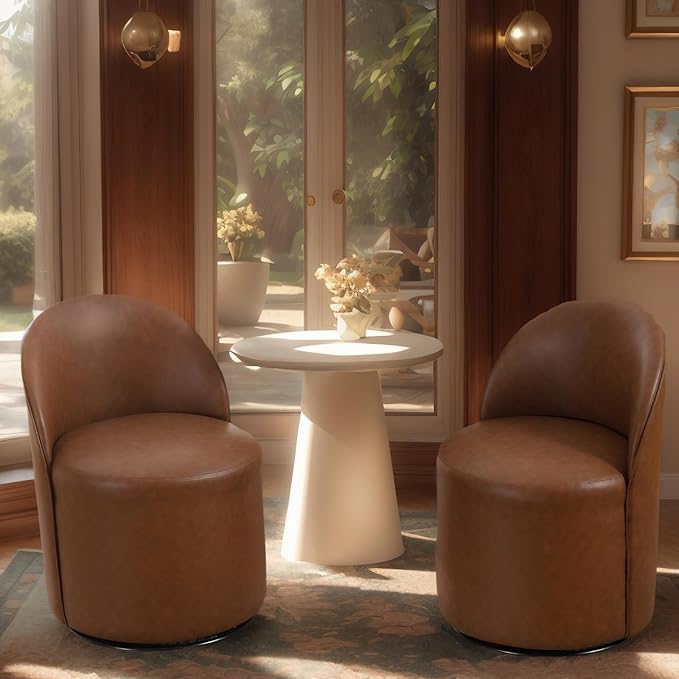 Modern Barrel Dining Chairs Set of 2, Swivel Base Cognac PU Leather Accent Chair 360°Rotating Mid-Century Dining Side Chair Kitchen Chair for Living Room, Bedroom, Home, Office, Kitchen(Brown)