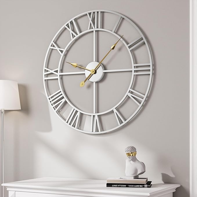 30 Inch Large Wall Clock, Modern Silver Metal Big Decorative Wall Clock Home Decor, Battery-Operated Roman Numeral Analog Metal Round Wall Clocks for Living Room, Bedroom, Office