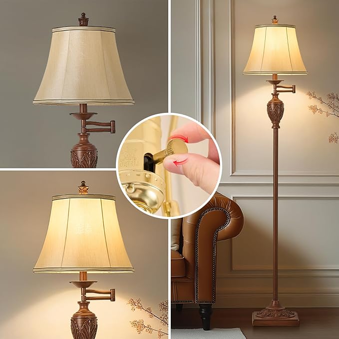 Traditional LED Floor Lamp with 350° Adjustable Swing Arm Lamp – Vintage Standing Pole lamp for Living Room, Bedroom and Office – Rustic Upright Floor Light for Home Décor with Faux Silk Fabric Shade